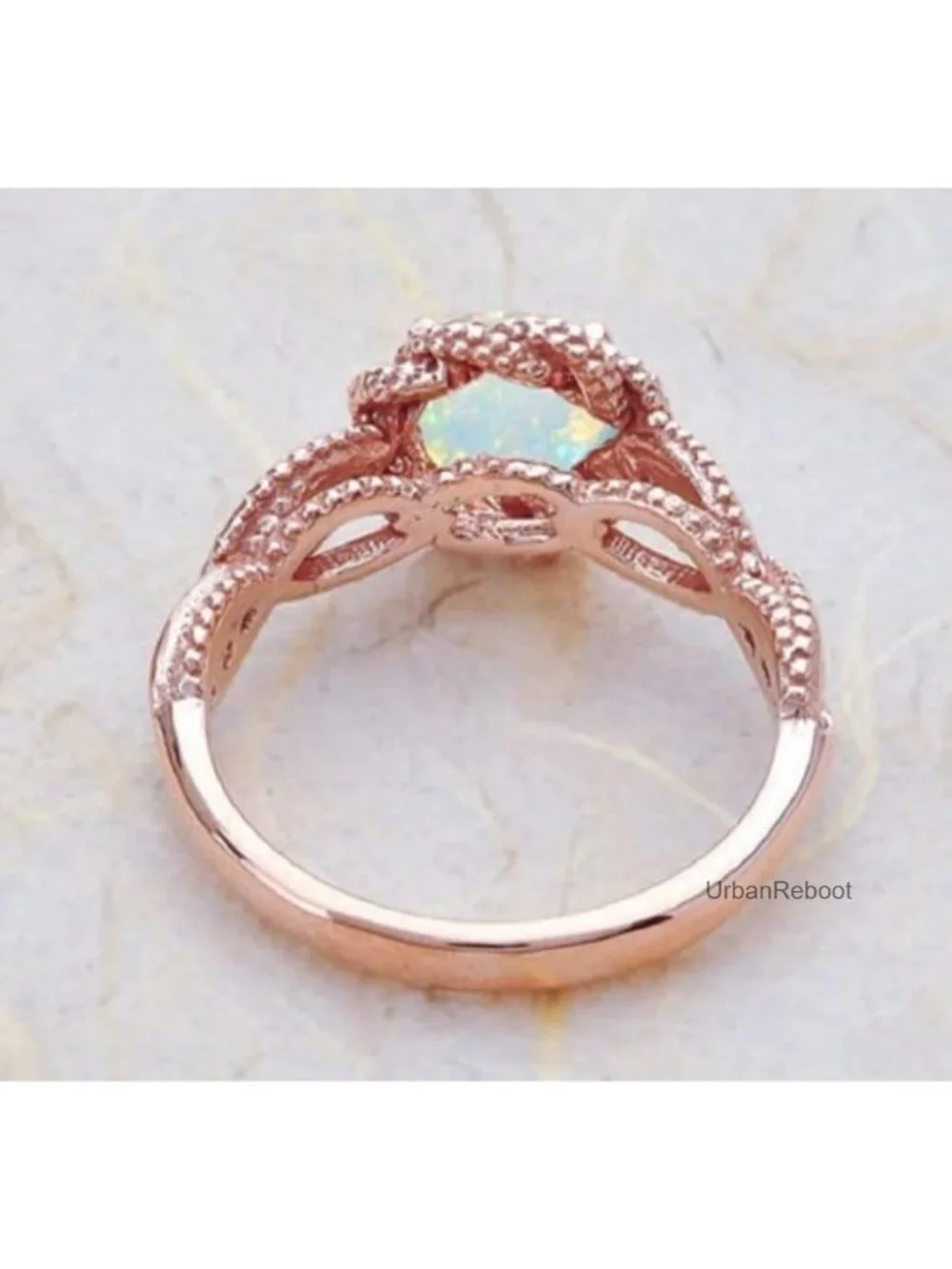 14K Gold Plated Rose Gold White Simulated Opal Ring Zirconia Wedding Engagement